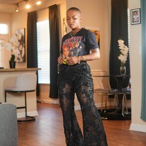 AKIRA Black Lace Floral Wide-Leg Pants